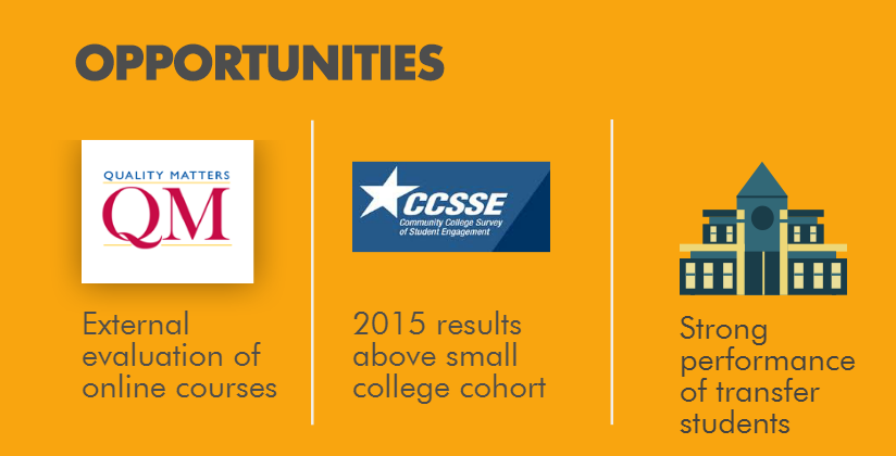 Opportunities. External evaluation of online courses. 2015 results above small college cohort. Strong performance of transfer students.