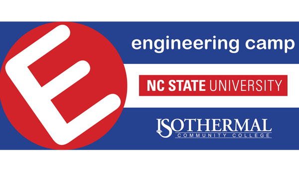 Stylized logo with letter E, Engineering Camp, with NC State University logo and Isothermal logo
