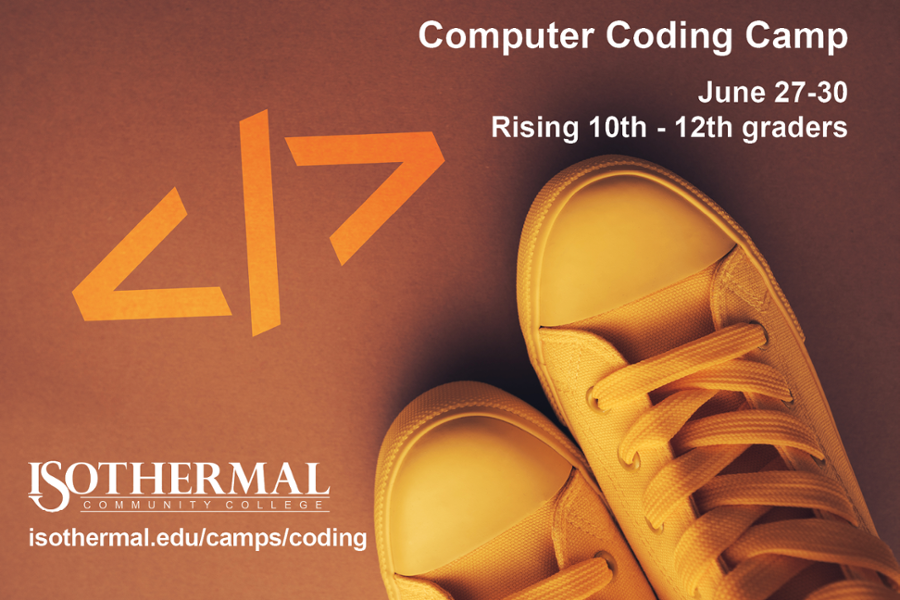 Image showing a pair of shoes and a self-closing html tag with text Computer Coding Camp