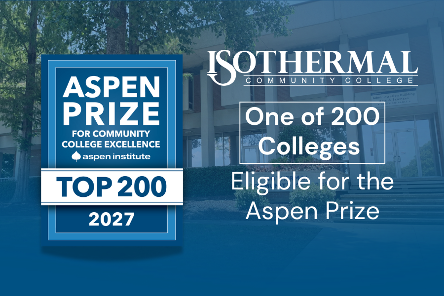 Celebratory graphic highlighting Isothermal Community College’s selection as an Aspen Prize eligible college.