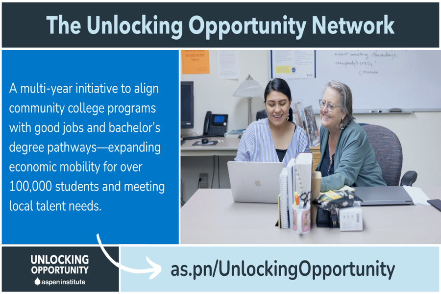 Unlocking Opportunity Network graphic. A multiyear initiative to align college programs with good jobs