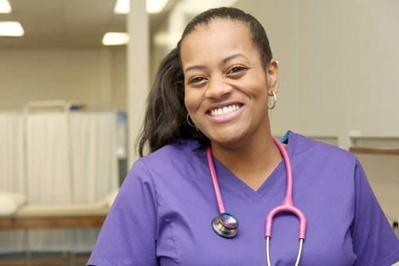 Stock image of nurse wearing scrubs  with stethoscope